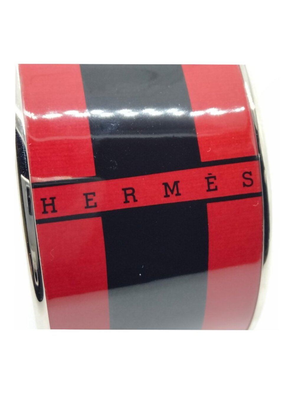 Authentic Hermès Paris Red & Black Enamel Wide Bangle Bracelet Silver Tone - Picture 6 of 10